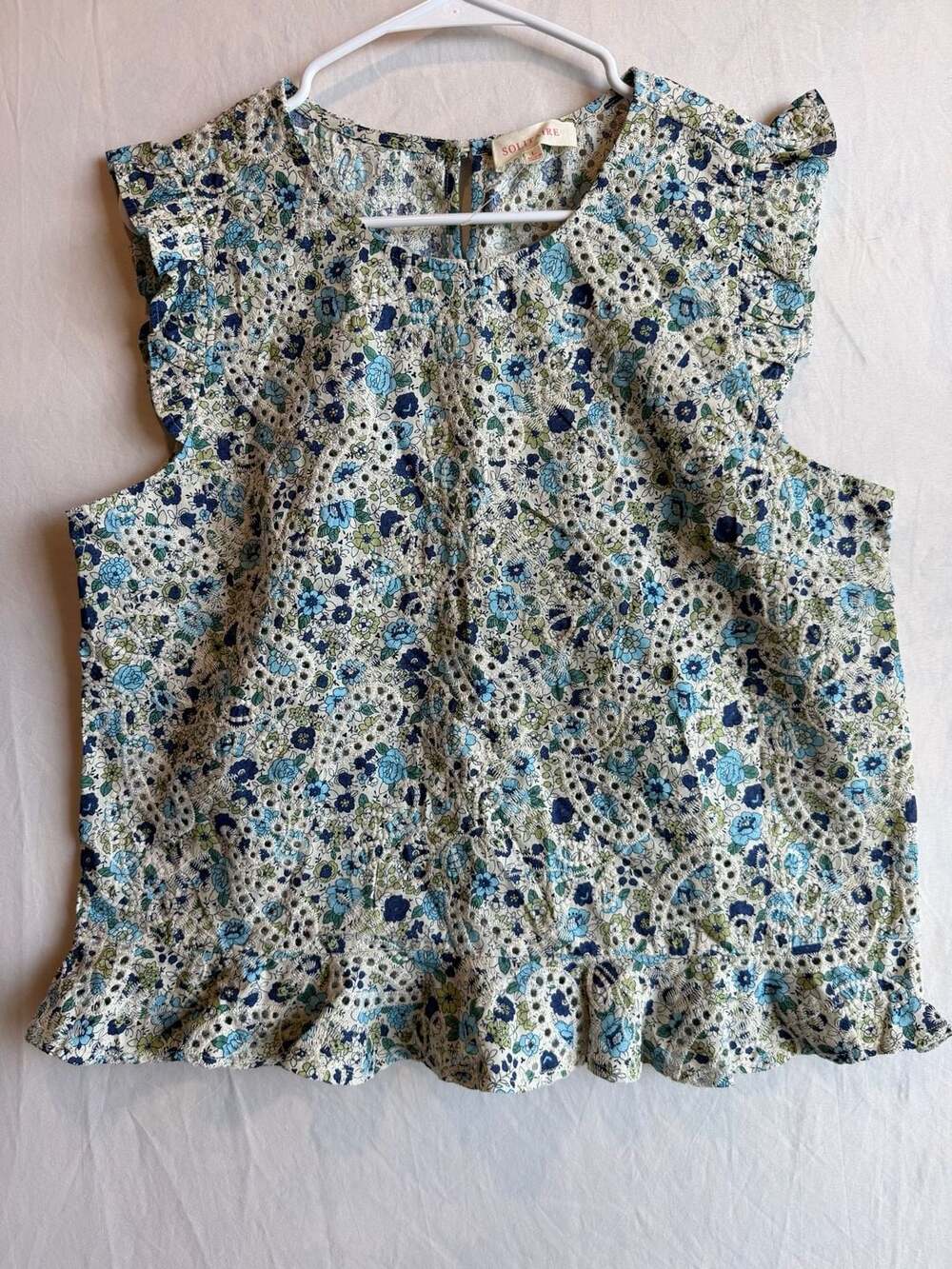 Anthropology Solitaire Women's Floral Eyelet Ruffle Hem Blouse New